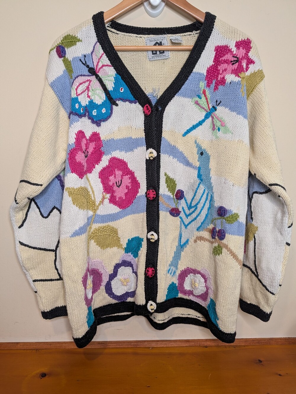 Storybook Knits Hummingbird Floral Garden Cardigan Cream Blue Pink Sz L